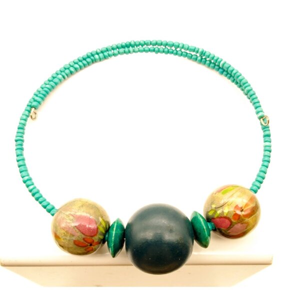 Bold Bib Memory Wire Choker, Turquoise Colored Beaded Necklace with Chunky - Picture 2 of 3